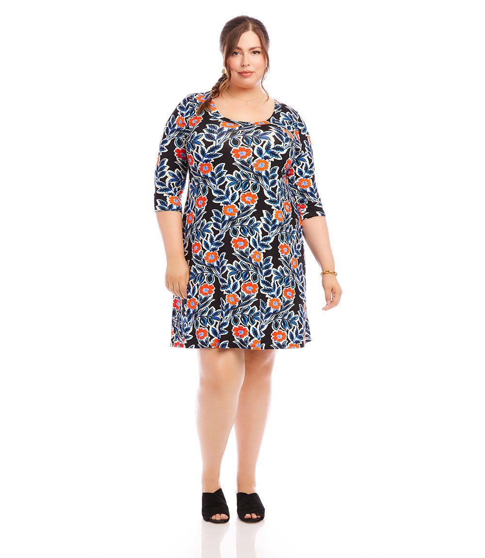 Plus size 3/4 sleeve A-line dress with vibrant California poppy print and scoop neck