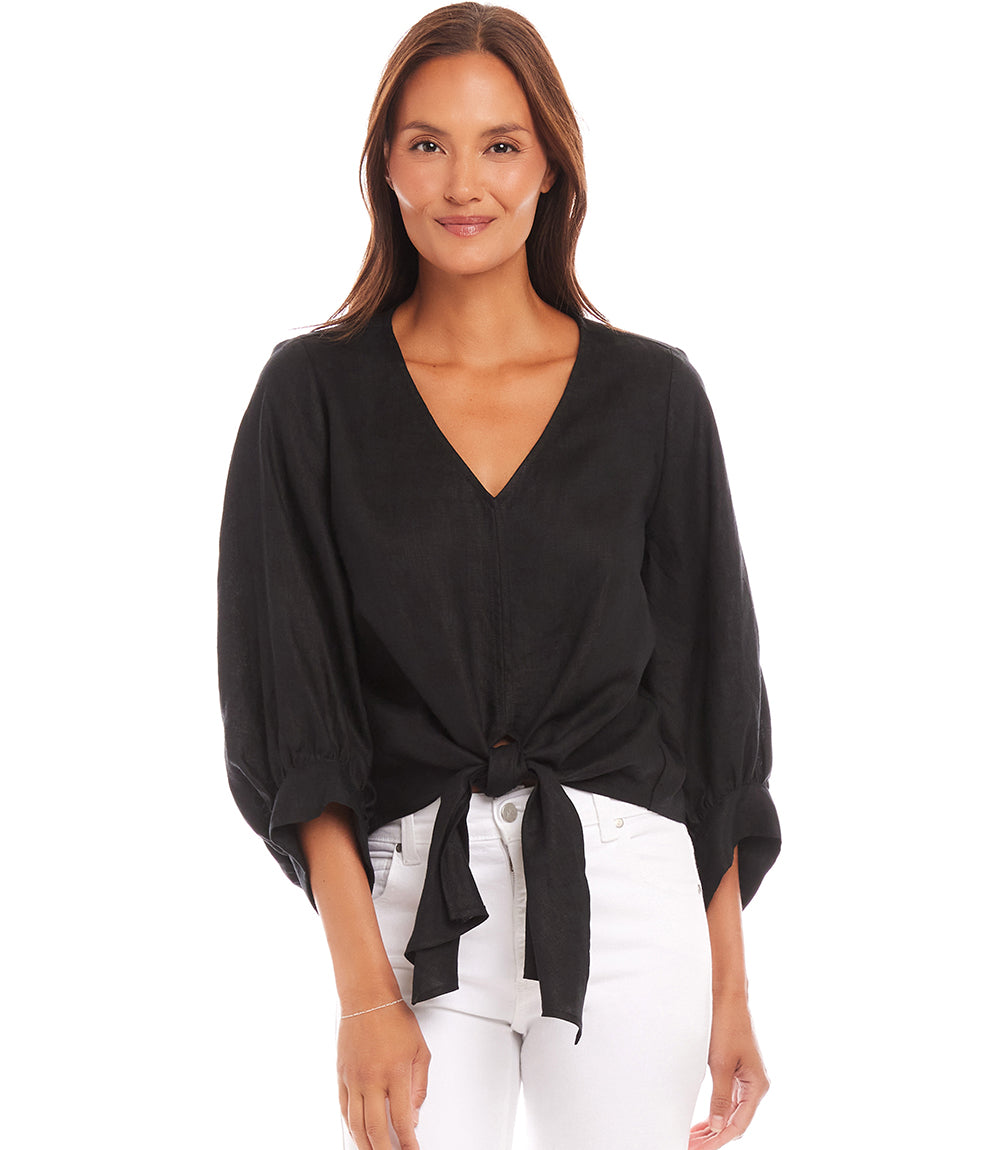 Blouson Sleeve Linen Tie-Front Top