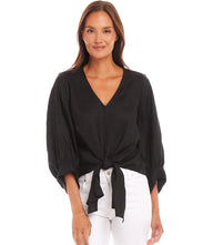 Blouson Sleeve Linen Tie-Front Top