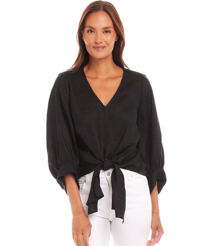 Blouson Sleeve Linen Tie-Front Top