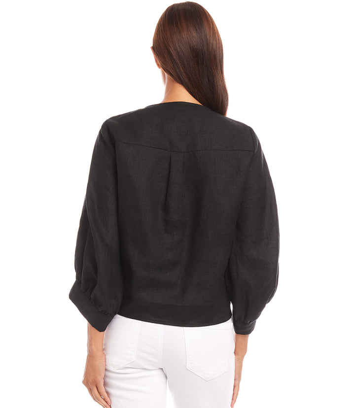 Blouson Sleeve Linen Tie-Front Top