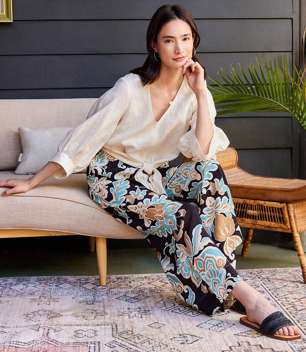 Blouson Sleeve Linen Tie-Front Top