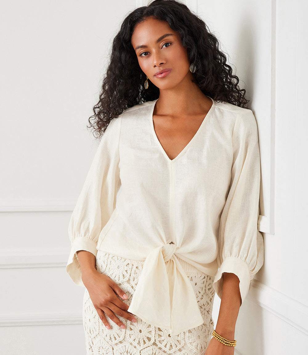 Blouson Sleeve Linen Tie-Front Top