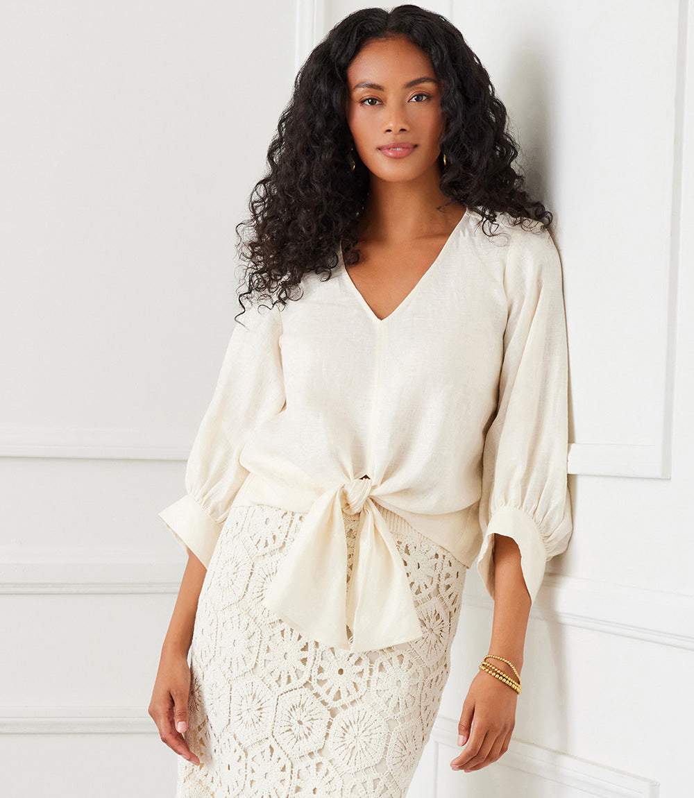 Blouson Sleeve Linen Tie-Front Top