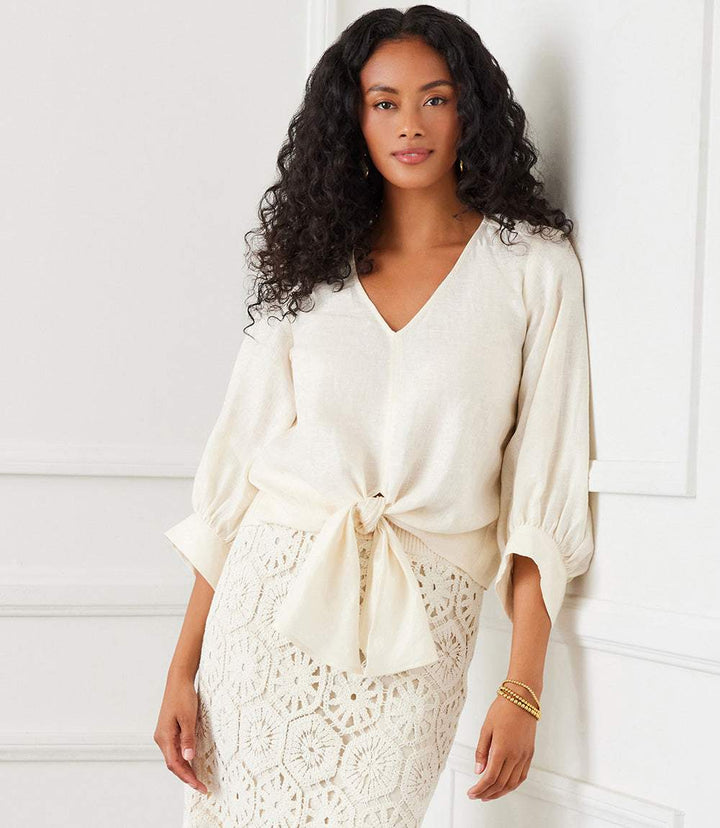 Blouson Sleeve Linen Tie-Front Top