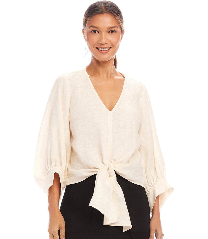 Blouson Sleeve Linen Tie-Front Top