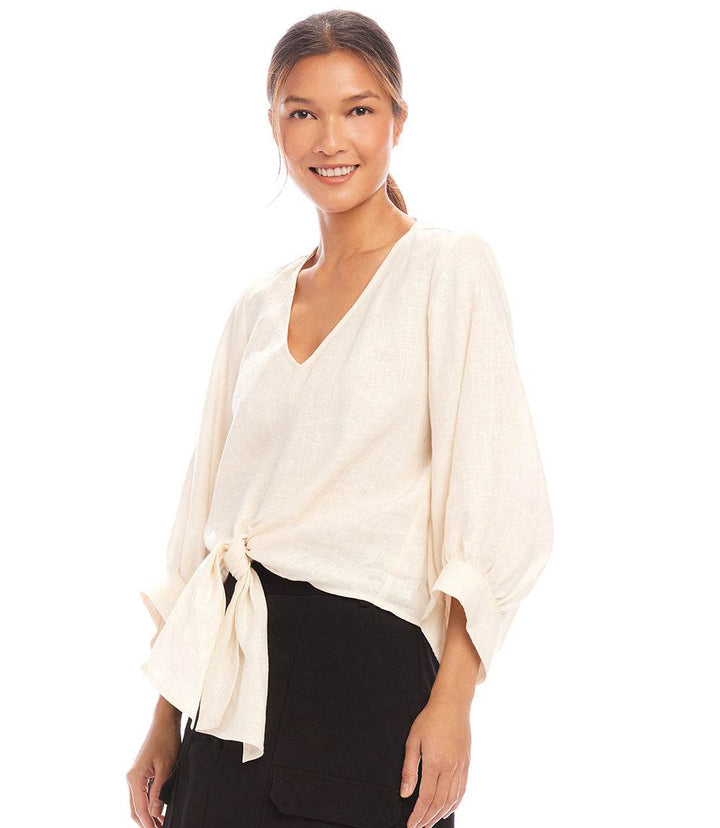 Blouson Sleeve Linen Tie-Front Top