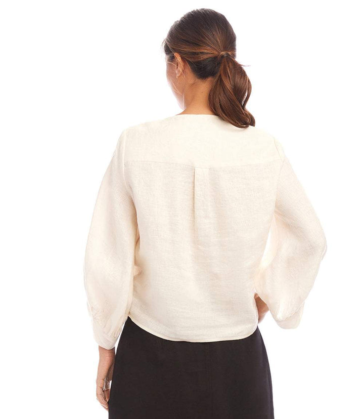 Blouson Sleeve Linen Tie-Front Top