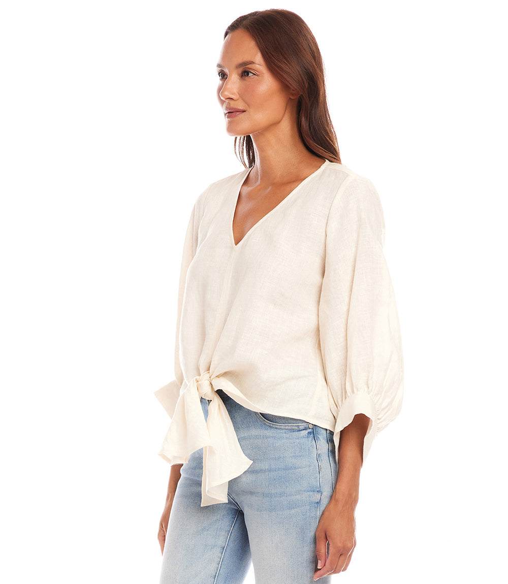 Blouson Sleeve Linen Tie-Front Top