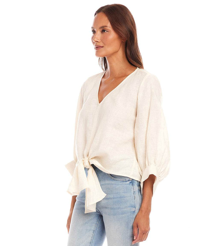 Blouson Sleeve Linen Tie-Front Top