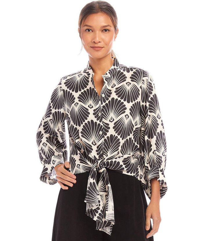 Petite size blouson sleeve linen top with black sea shell print and tie-front detail