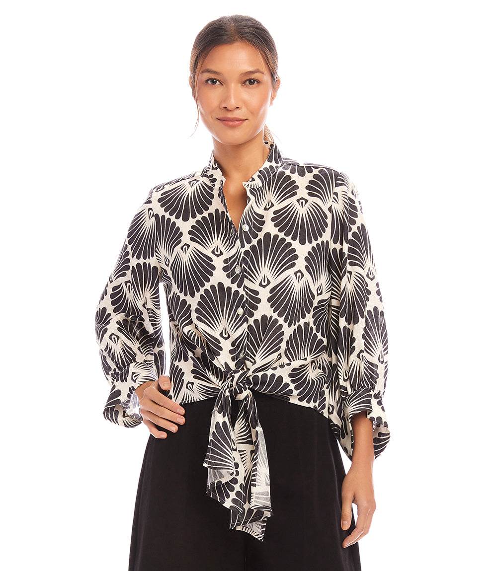 Blouson Sleeve Linen Tie-Front Top