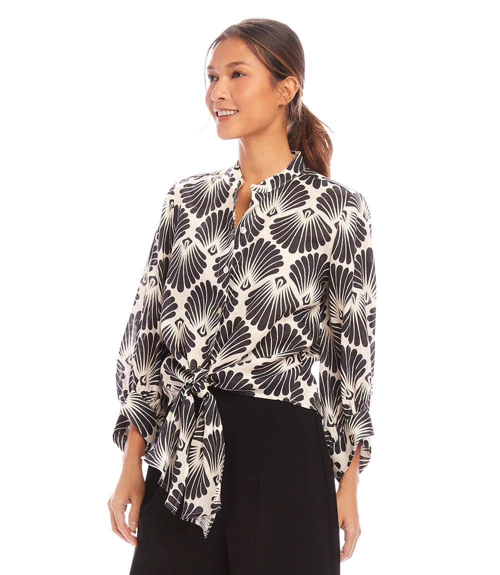 Blouson Sleeve Linen Tie-Front Top