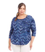 Plus size 3/4 sleeve blue tie-dye burnout shirttail top with scoop neckline and relaxed fit