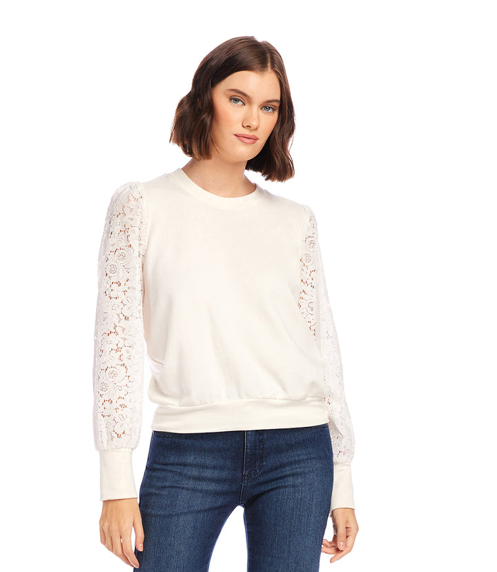 Petite Size Contrast Lace Sleeve Top