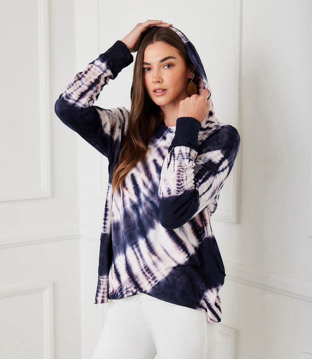 Petite size asymmetric hem hoodie in navy and white tie dye fleece knit with crew neck and drop shoulder sleeves