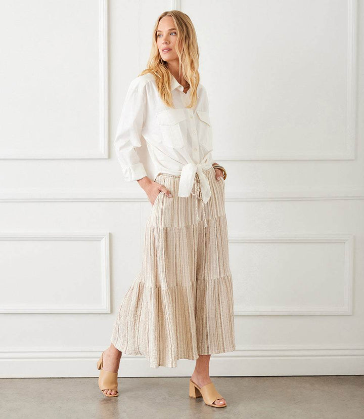 Metallic Stripe Tiered Midi Skirt