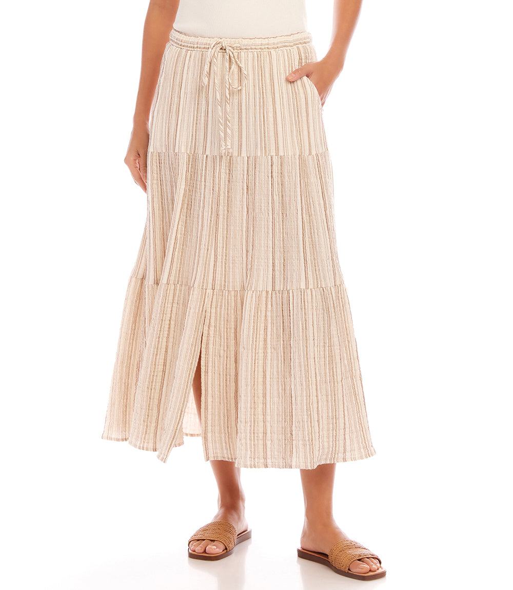 Metallic Stripe Tiered Midi Skirt