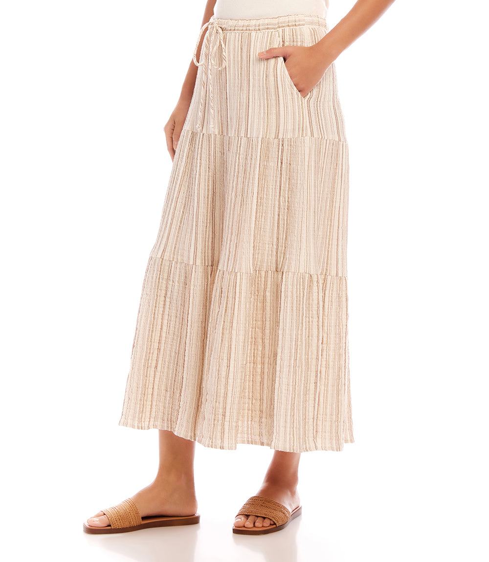 Metallic Stripe Tiered Midi Skirt