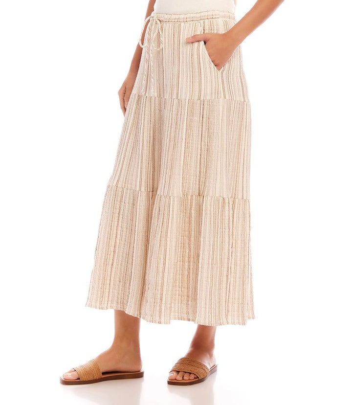 Metallic Stripe Tiered Midi Skirt