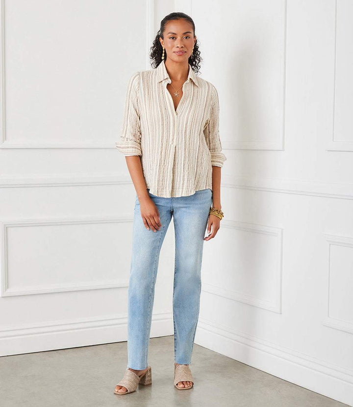 Metallic Stripe Ruched Sleeve Shirt