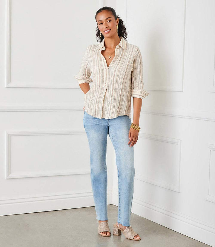 Metallic Stripe Ruched Sleeve Shirt