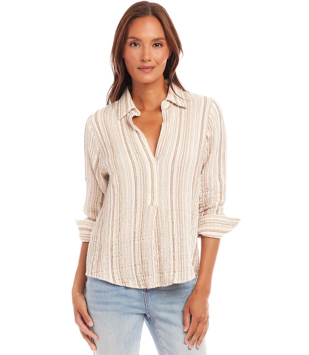 Metallic Stripe Ruched Sleeve Shirt