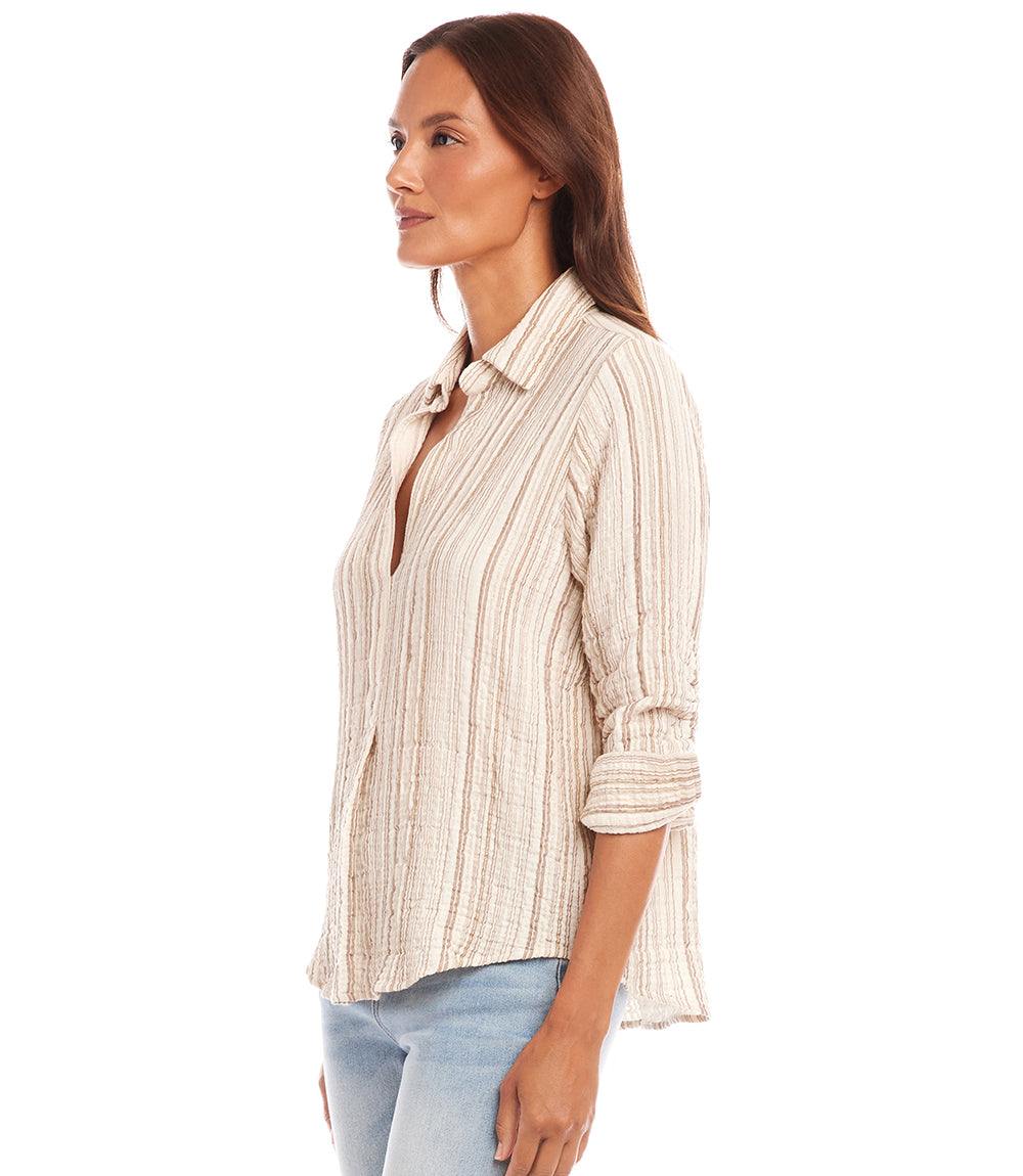 Metallic Stripe Ruched Sleeve Shirt