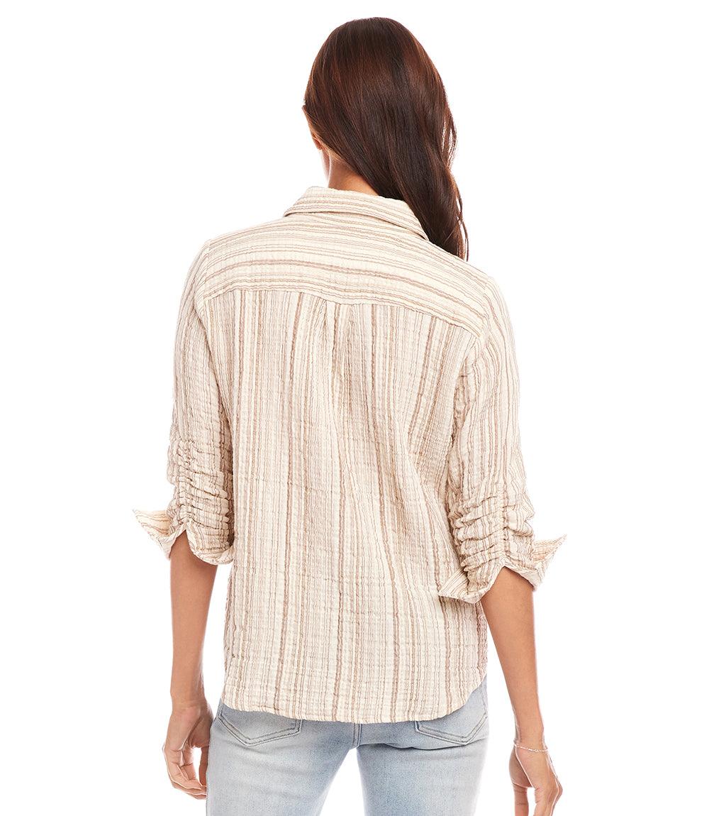 Metallic Stripe Ruched Sleeve Shirt