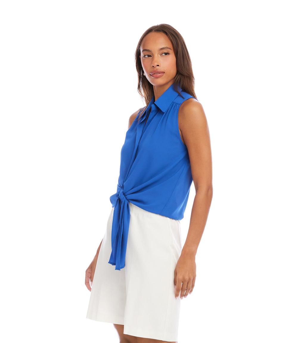 Sleeveless Tie-Front Top - Petite Size Silky Crepe blouse for a