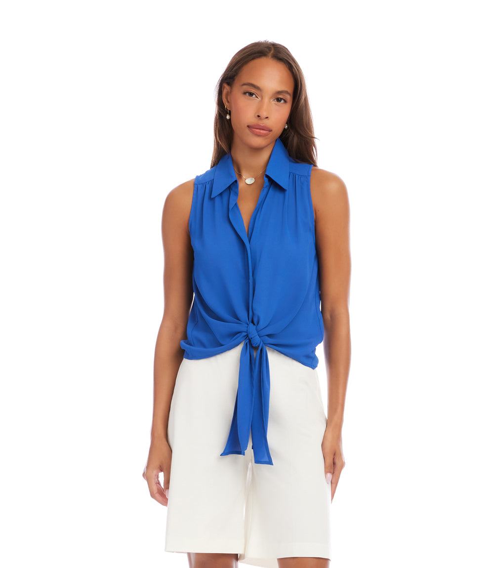 Sleeveless Tie-Front Top - Petite Size Silky Crepe blouse for a