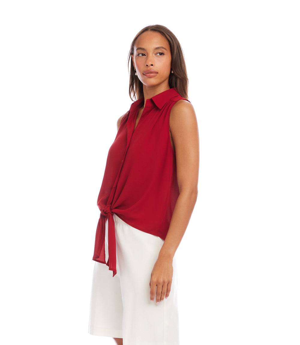 Sleeveless Tie-Front Top - Elegant Silky Crepe Blouse for Women