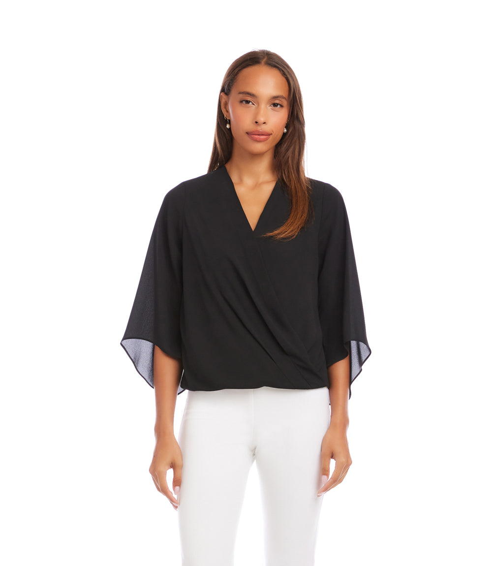 Petite Size Bracelet Sleeve Drape Front Crossover Top