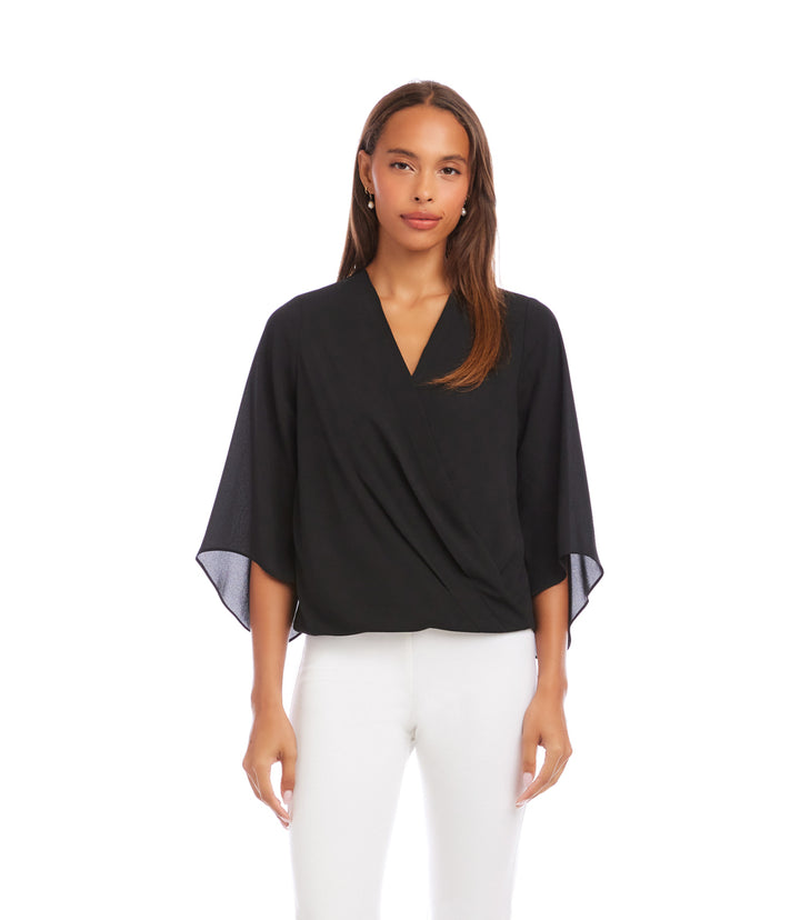 Petite Size Bracelet Sleeve Drape Front Crossover Top