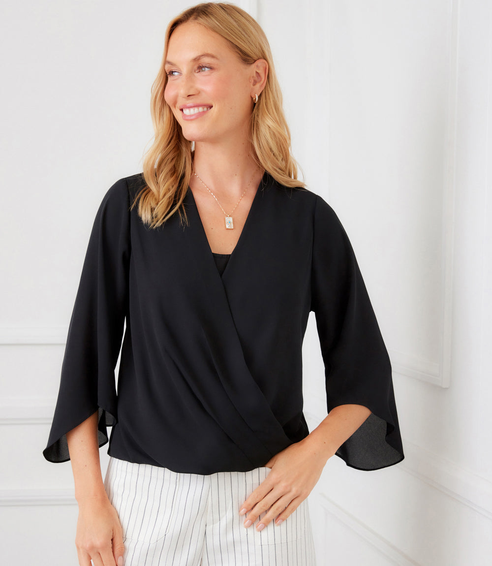 Petite Size Bracelet Sleeve Drape Front Crossover Top – Karen Kane