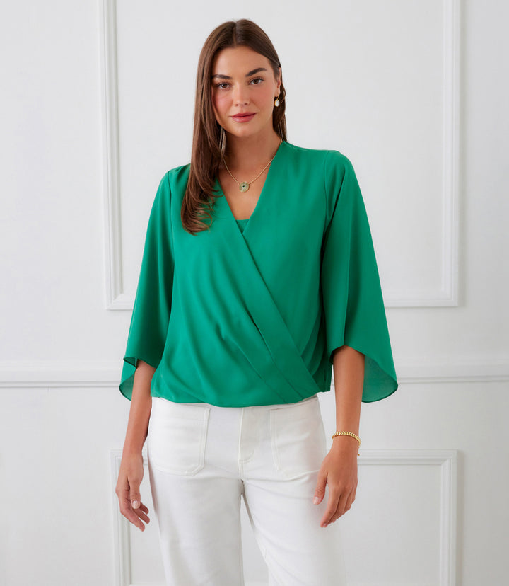 Bracelet Sleeve Drape Front Crossover Top