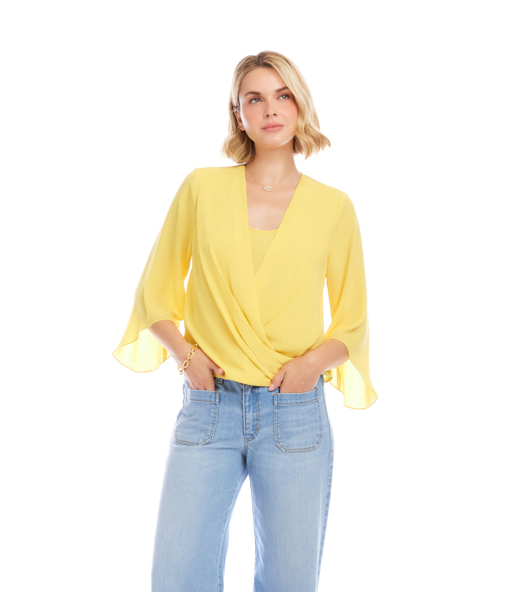 Petite Size Bracelet Sleeve Drape Front Crossover Top – Karen Kane