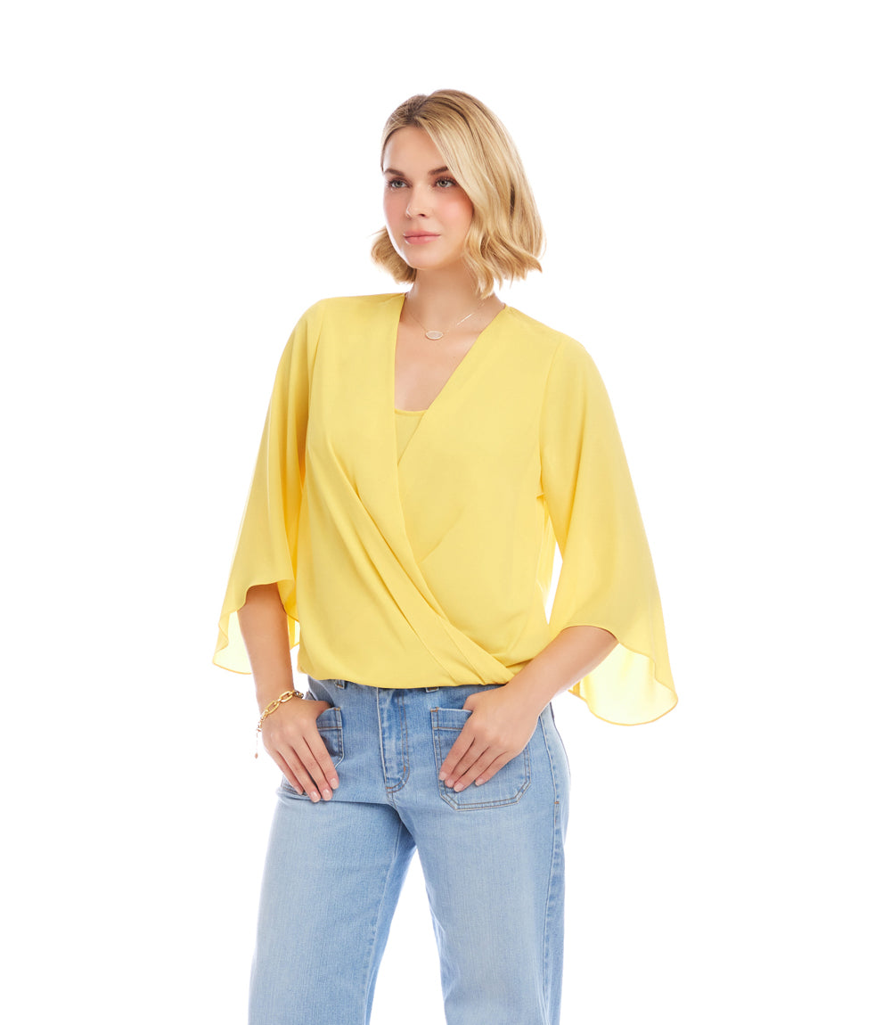 Petite Size Bracelet Sleeve Drape Front Crossover Top