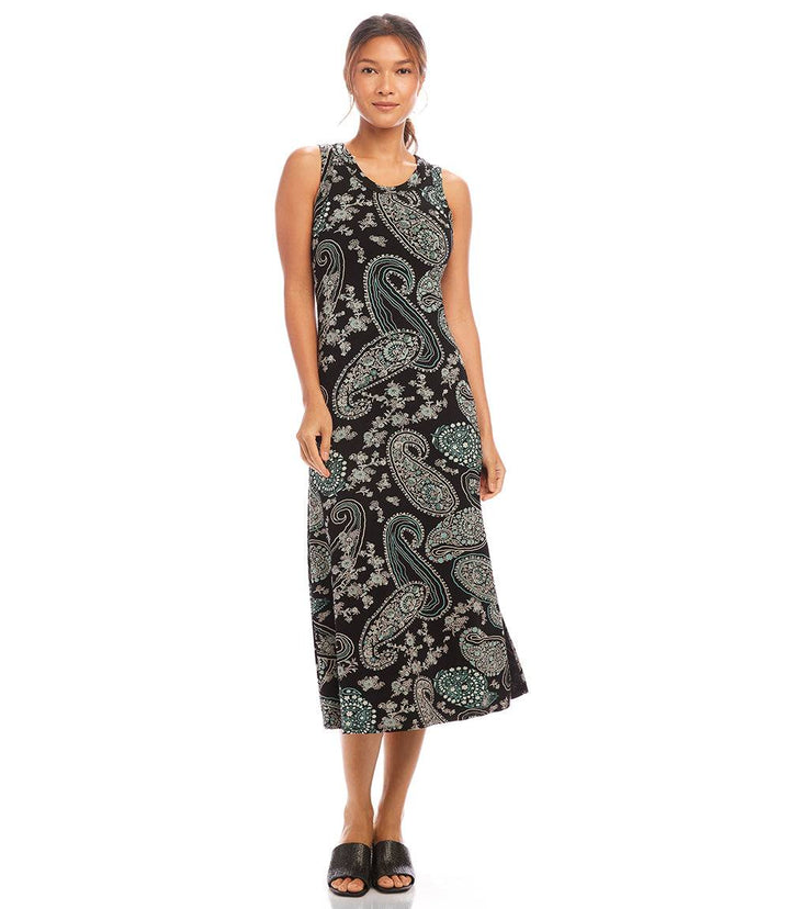Petite sleeveless midi dress with aqua paisley and floral print on black, scoop neck and side slits, fitted bust and relaxed waist.