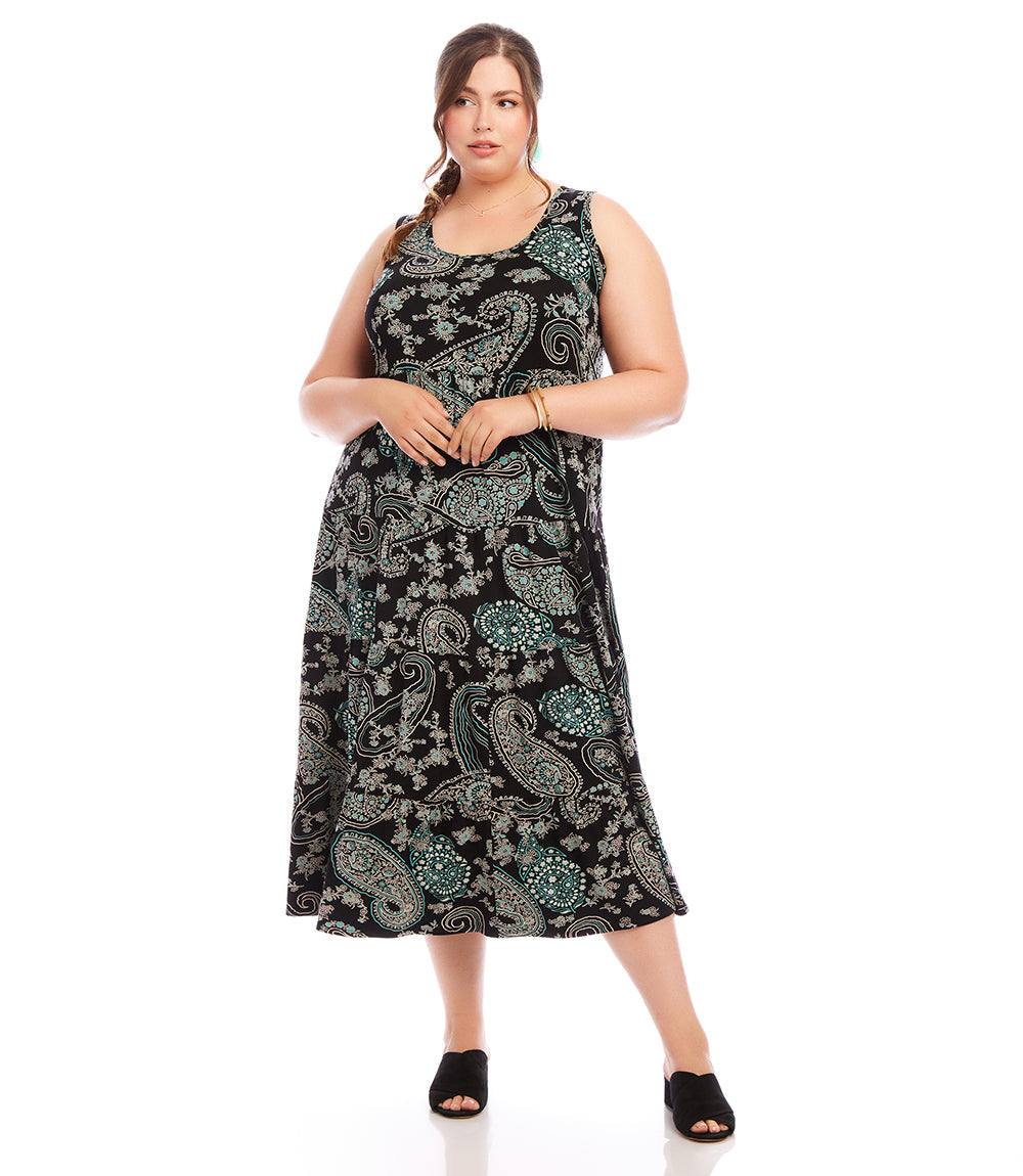 Plus size sleeveless tiered midi dress with aqua paisley print on black, scoop neck and shirring detail