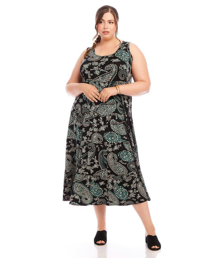 Plus size sleeveless tiered midi dress with aqua paisley print on black, scoop neck and shirring detail