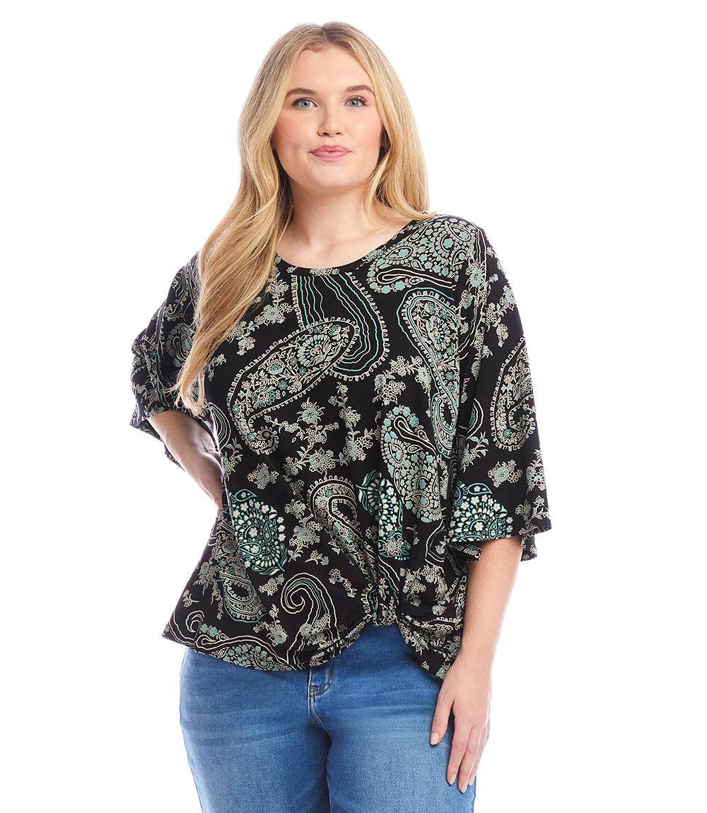 Plus size flare sleeve top with aqua paisley print and twisted hem