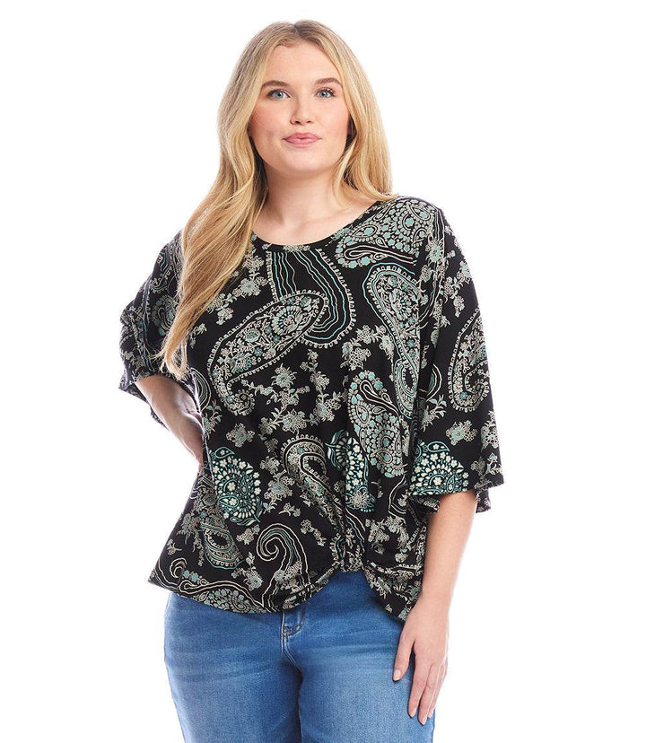 Plus size flare sleeve top with aqua paisley print and twisted hem