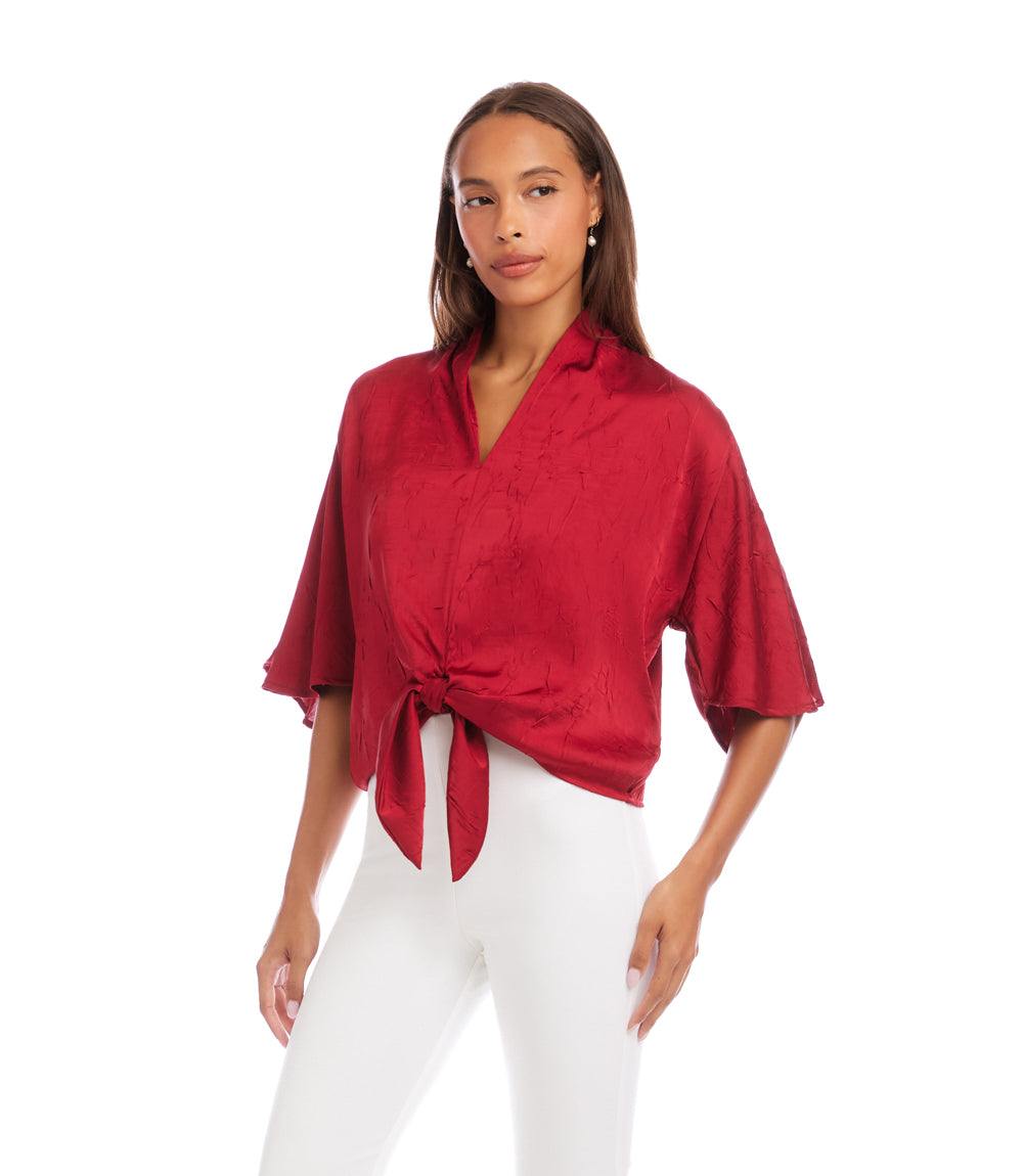 Flare Sleeve Tie-Front Top - Luxurious Satin Blouse with Flowy