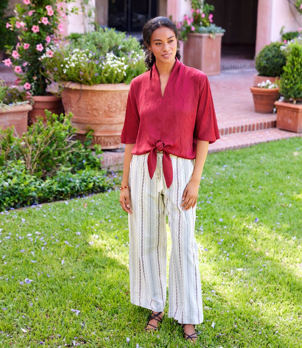 Flare Sleeve Tie-Front Top - Luxurious Satin Blouse with Flowy