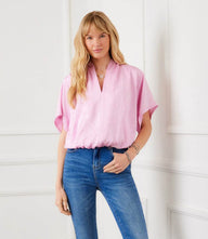 Short Sleeve V-Neck Top in crushed satin with relaxed fit and subtle sheen