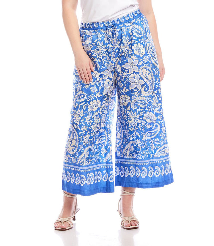 Plus size drawstring pants in blue paisley cotton with wide-leg and elastic waistband