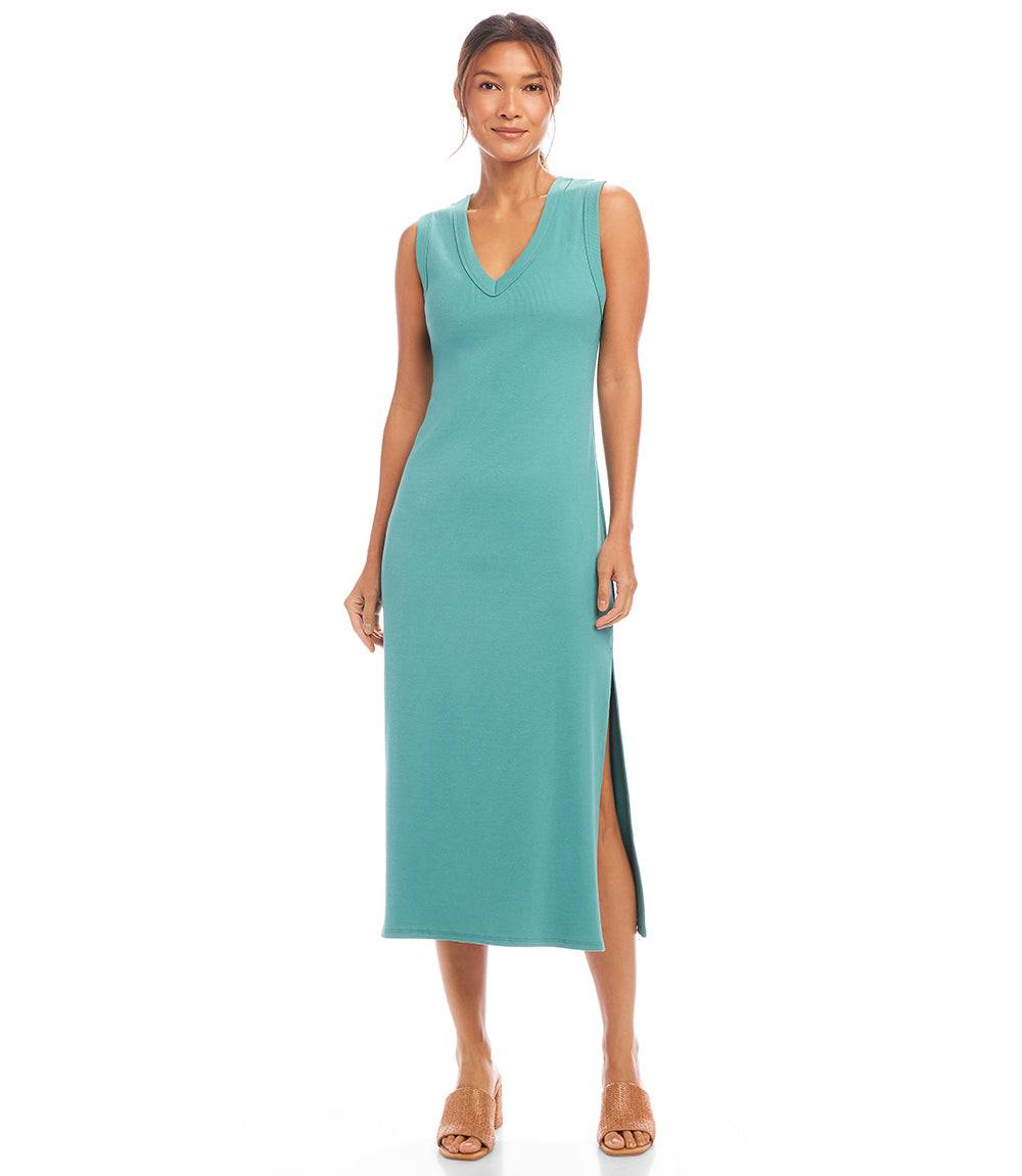 Sleeveless Ribbed V-Neck Midi Column Dress