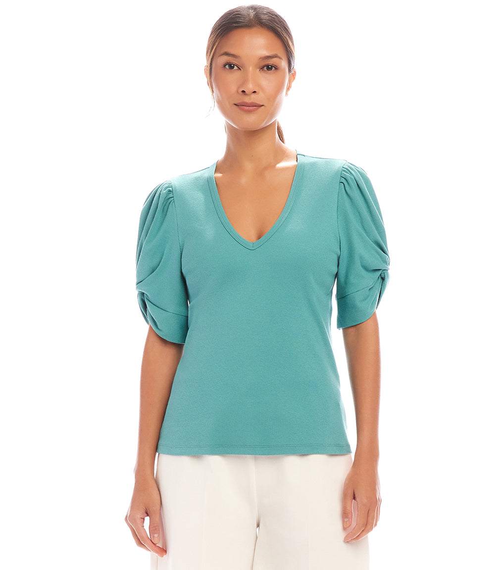 Ribbed Twist Sleeve V-Neck Top