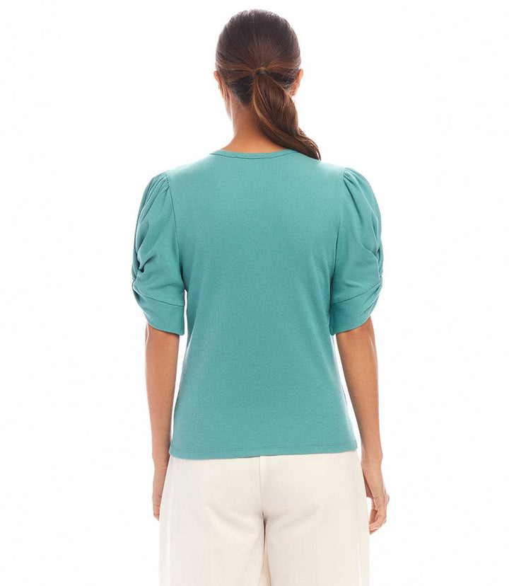 Ribbed Twist Sleeve V-Neck Top